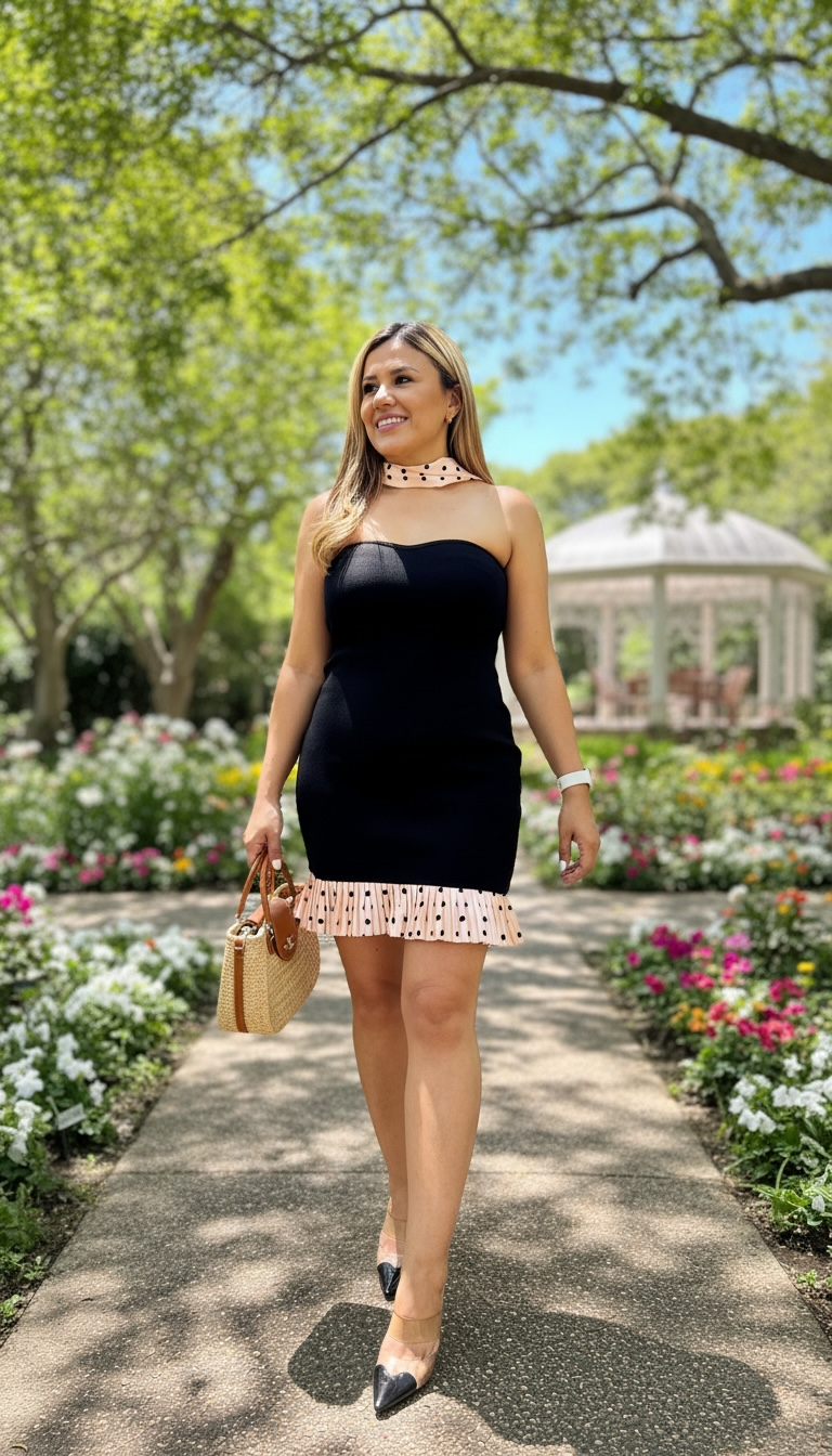 Vestido Negro con Aplicación y Mascada Estampado Polka Dots